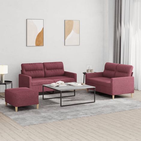 Ensemble canapé 3 pièces avec coussins, tissu rouge bordeaux, 2 canapés 2 places et pouf - PANGIVO (1/5)