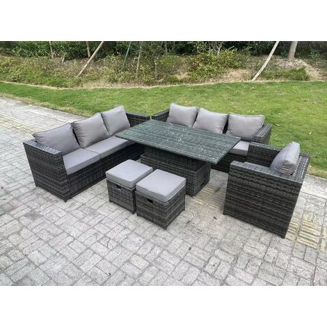 Fimous Wicker PE Garden Furniture Rattan Sofa Set Outdoor Adjustable Rising Lifting Dining Table Set with Armchair 2 Stools 9 Seater Dark Grey Mixed (1/5)