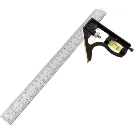 Équerre Combinée, Outils de Menuiserie Carrée en Acier Inoxydable de 12'/300 mm, Règle de 90 Degrés avec Niveau à Bulle