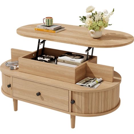 Table basse ovale en MDF, plateau central à levage hydraulique. Rangement dissimulé, 2 étagères ouvertes, grand tiroir et 2 portes coulissantes, poignées rondes, pieds fuselés en hévéa, multi-usages. (1/5)