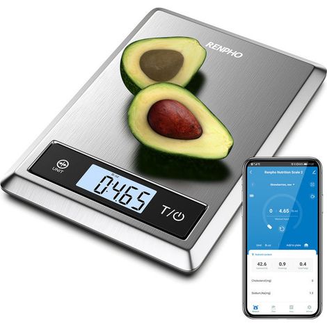 Renpho Calibra 1, bilancia da cucina smart, bluetooth, analisi nutrizionale, contacalorie, acciaio inox, 5 kg