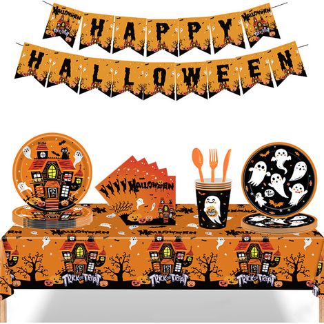 194-piece Halloween party plate set, disposable Halloween tableware, Halloween party plates, napkins, cups, banners, paper cups tablecloth decorations, suitable for Halloween birthday parties, can acc (1/5)