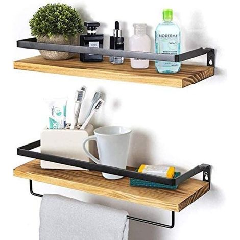 2 Étagère murale, Bois robuste, Porte-serviettes intégré, Style rustique, Salon chambre salle de bain (1/5)