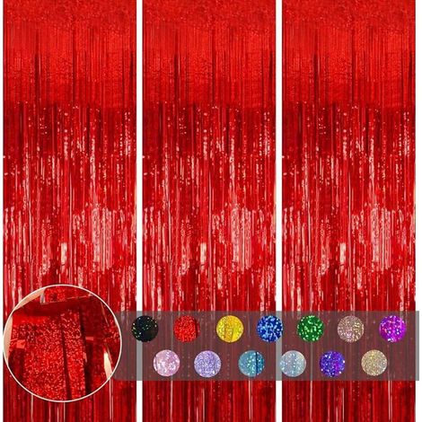 3 pièces Rideau Métallique Frange Rouge, 1mx2m Scintillants Foil Rideau Shimmer Décoration Anniversaire Laser Rouge RIDEAU (1/5)