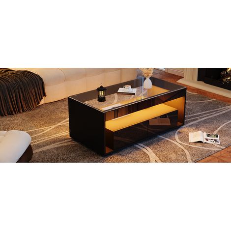 Table de salon moderne, équipée d’un éclairage LED à 16 couleurs. Forme carrée, avec 2 grands tiroirs. Table de salon spacieuse, en verre. Design double épaisseur. Finition brillante. Grande table de (1/5)
