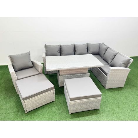 Fimous 9 Seat Rattan Garden Furniture Corner Sofa Set Outdoor Adjustable Lifting Dining or Coffee Table Set with 2 Big Footstools Light Grey (1/4)