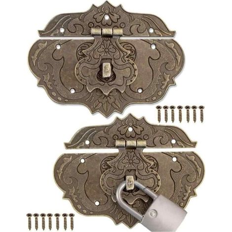 Lot de 2 fermetures antiques, design bronze fer, fermoirs de meubles, ferrures pour cadenas de rideaux, coffres et caisses, curseurs, 95 x 73 mm avec vis (1/5)