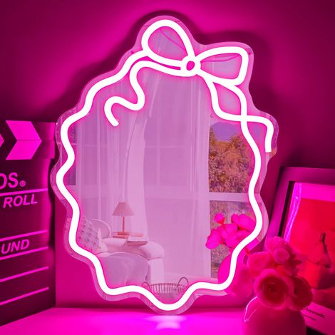 Miroir néon en forme de nœud : Luminosité réglable — un miroir doté d'un éclairage intégré, parfait pour la décoration de coiffeuses et pour offrir en cadeau. (1/5)