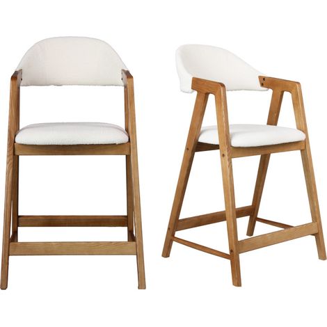 CAMILLE-Chaise de bar en Frêne naturel et tissu Curly Ecru (x2) (1/5)