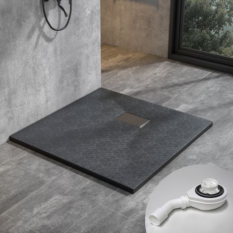 WITEN&NOCK design SMC Duschwanne Duschtasse mit Edelstahl Abflussrinne mit siphon, Steinoptik, schwarz, 80x80 cm (1/4)