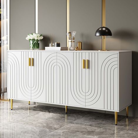 Buffet blanc 152x40x75 cm en MDF, meuble de rangement à 2 portes, 4 compartiments, motif ondulé, poignées et pieds dorés (1/5)