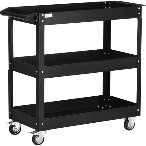 Chariot d'atelier 3 étagères métal 83x35,3x76cm noir – Desserte roulante 150 kg avec poignée et roulettes (1/5)