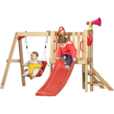 Lot de balançoire et toboggan de jardin pour enfants 18-48 mois, en bois et plastique, rouge