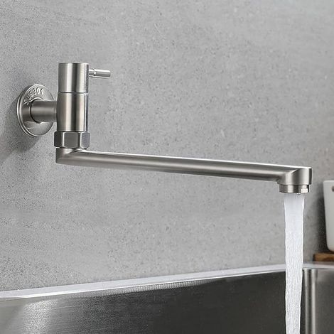 Grifo moderno de acero inoxidable giratorio para montaje en pared, ideal para agua fría, cocina, bar o fregadero.