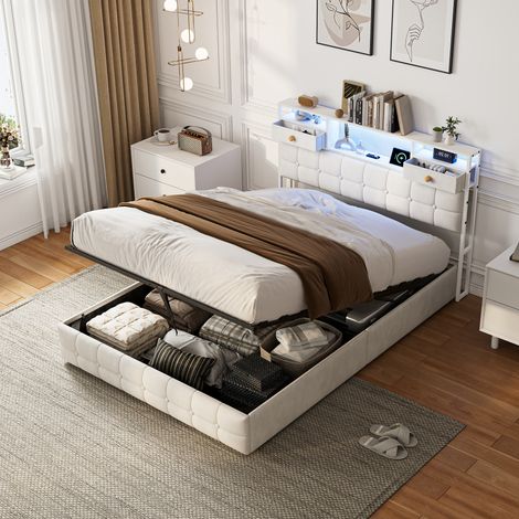 JOOKGBD–Lit coffre 160x200 cm,lit double,LED,port USB,tête de lit avec rangement,lit pour adolescent,tissu doux,beige