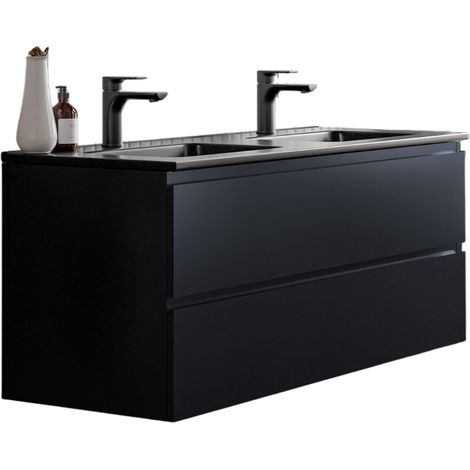BERNSTEIN - Mobile lavabo doppio sospeso MDF Blu notte opaco, lavandini Nero opaco + fori rubinetto, troppopieno e tappi - 120x46x50cm - AVA Nero opaco, Blu notte opaco