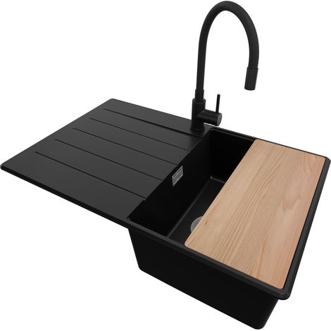 PRIMAGRAN Evier Cuisine en Granit 78x50cm, Lavabo 1 bac + Robinet 40x38cm + Kit de Vidage + Accessoire, Évier à Encastrer au meuble 45cm - Copenhague, Noir (1/5)