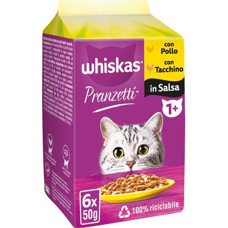 Whiskas Pranzetti Carni Bianche 1+ Adulto, Cibo Umido per Gatto, 12 confezioni ognuna da 6 bustine x 50g (72 Bustine in Totale) (1/5)
