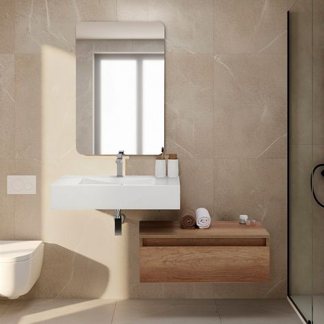 Mobile bagno sospeso 80 cm rovere naturale con lavabo sospeso e specchio – Numa (1/5)