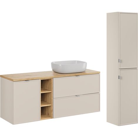 Conjunto de muebles con lavabo individual 140cm 3 compartimientos cesto de ropa y columna Alba Cachemira (1/4)