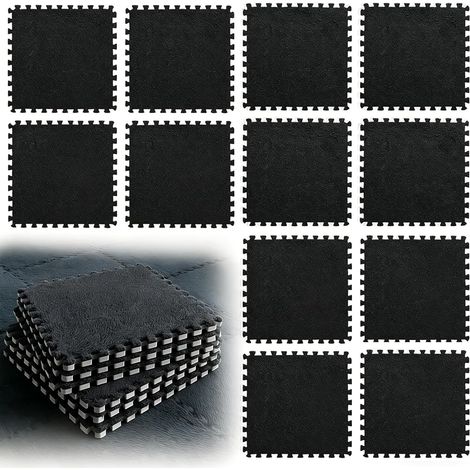 12 Pièces Tapis Mousse, Dalles Mousse, Carreaux de Sol Emboîtables en Peluche, Dalle Chambre Enfant, Tapis Puzzle pour Salon et Chambre à Coucher, 30 x 30 cm - Noir (1/5)