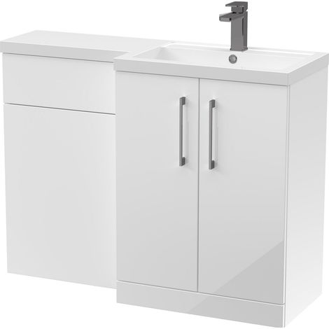 Balterley Right-Hand Bathroom Vanity and WC Unit Combination with Basin - 1100mm - Gloss White with Brushed Pewter Handles