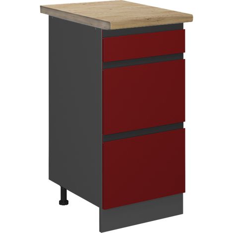 Küchenunterschrank R-Line, Rot, 40 cm mit Schubladen, AP Eiche, Vicco