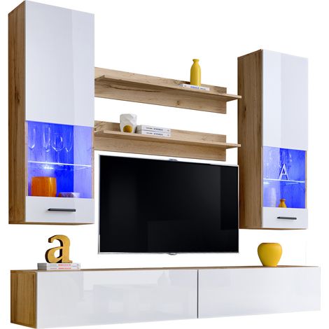 Extreme Furniture, Système mural Fly, (LxHxP): 200 x 195 x 41.5, Carcasse en Wotan Mat, Façades en Blanc Brillant, LED bleues (1/3)