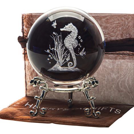 Boules décoratives en cristal 3D gravées au laser - Hippocampe - Presse-papier en verre - Figurine avec support de floral plaqué argent 60 mm (1/5)