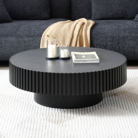 Mesa de centro redonda (80x80x35 cm), con borde ranurado, estilo moderno, MDF, negro (1/5)