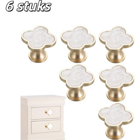 Lot de 6 poignées de meuble en alliage de zinc forme quatre feuilles avec perçage simple pour tiroirs coiffeuses armoires et meubles couleur blanche (1/5)