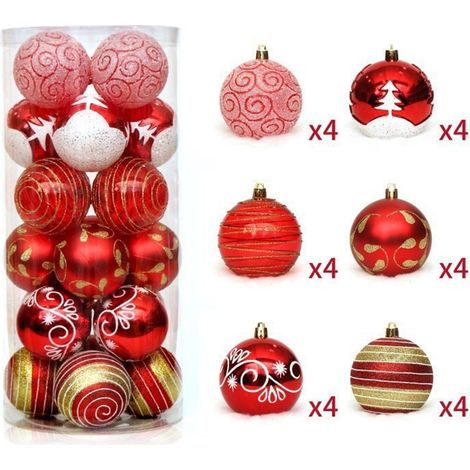 Lot de 24 boules de Noël incassables de 6 cm, rouges et blanches, à suspendre, pour sapin de Noël, fête à la maison (1/5)