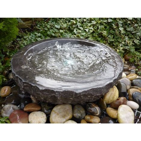 Babbling Bowl Black Limestone Water Feature with Pump, Light, Reservoir and Grid - 50cm Dia 15cm High