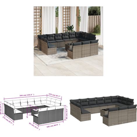 14-tlg. Garten-Sofagarnitur mit Kissen Grau Poly Rattan - Gartenmöbel Set - PE-Rattan Möbel - Outdoor Sofa - Esstisch - Lounge Garnitur - Home & Living (1/3)