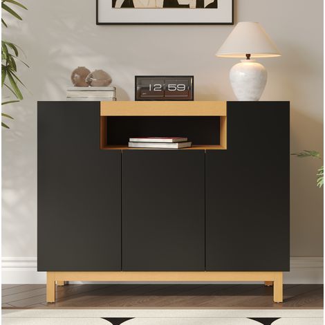 Buffet 120.5x42x96 cm noir en panneaux de particules avec 3 portes et niche ouverte (1/5)