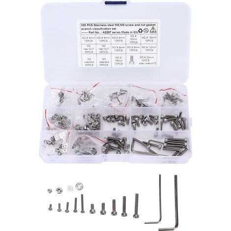 Kit de 320 pièces vis écrous rondelles assortis, boulons hexagonaux M2 M3 en acier inoxydable 304, pour voitures et camions (1/5)
