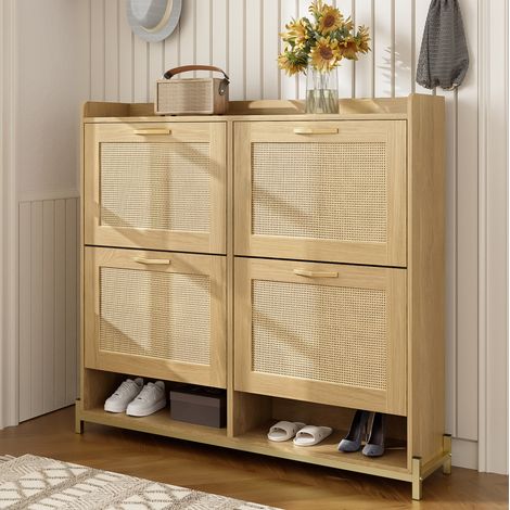 Schuhschrank aus MDF in Hell-Eiche mit Türen in Rattan-Optik, 108,5x24x100 cm, obere Ablage (1/5)