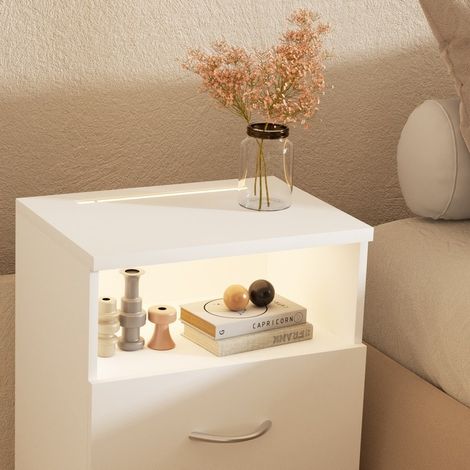 Table de chevet + LED Blanc 54 x 40 x 28 cm 2 grands tiroirs (1/5)