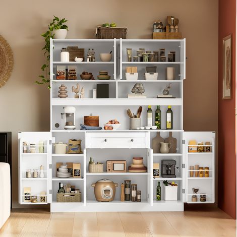 Buffet de cuisine avec plan de travail et prise électrique, tiroir, étagères réglables et rangements de porte, 140 x 40 x 185 cm, blanc crème, MDF CHICFURN (1/5)