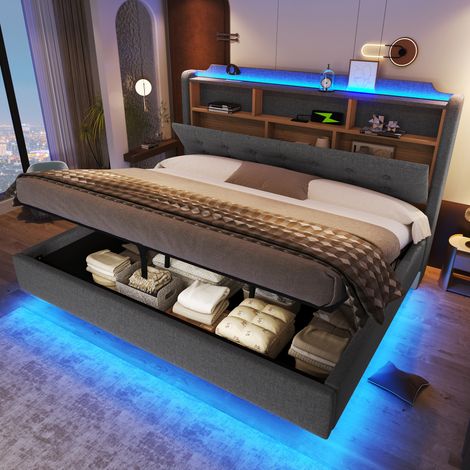Cama de almacenamiento para adultos de 180x200 cm con iluminación LED, almacenamiento hidráulico, puertos USB y Tipo-C, lino y MDF, gris (1/5)