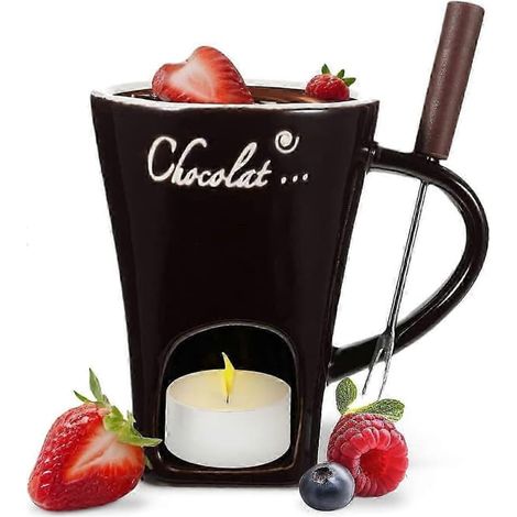 Mug à fondue au chocolat, tasse à café, mug à fondre le chocolat avec fourchette, chauffe-fondue, mug à bonbons, rouge (1/5)