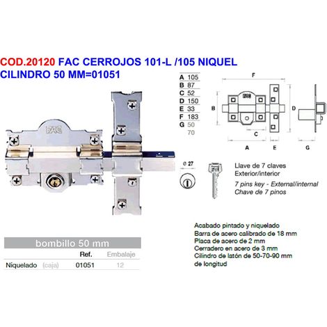 Cilindro serratura FAC modello 101-L o 105 nichel 50 mm