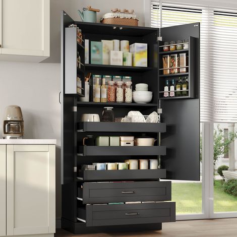 Meuble de cuisine avec 3 étagères coulissantes, tiroirs et armoire haute à double porte avec rangements de porte pour cuisine, salle à manger et salon (1/5)