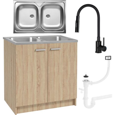 Meuble de cuisine - 80x50 cm - Chêne sonoma - Évier 2 bacs - Robinet flexible 2 en 1
