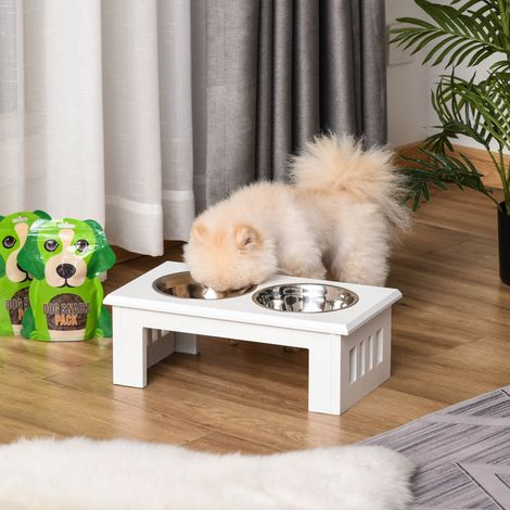 Erhöhter Hundenapf mit 2 Edelstahlschüsseln, MDF, weiß, OKMYHOME (1/5)
