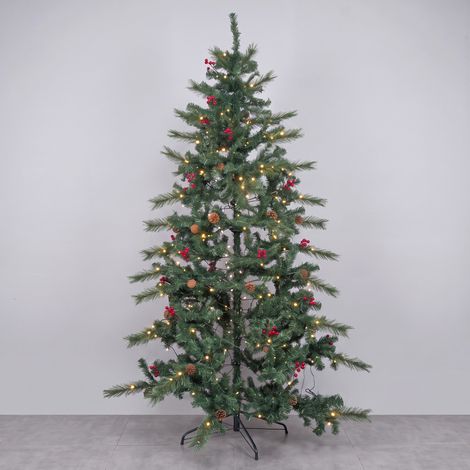 Sapin de Noël à demi-LED 210 cm avec 190 lumières chaudes, pommes de pin et boules rouges – IP44