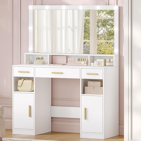 Coiffeuse enfant avec miroir grand format – Lumières LED réglables – 3 tiroirs de rangement – Design blanc et or (1/5)