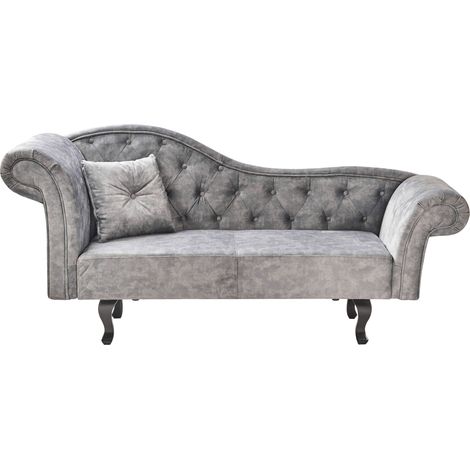 Chaise longue retro con capitoné de terciopelo con cojín gris izquierdo Lattes II