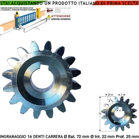 Ingranaggio Esterno 16 Denti Ricambio Motore Carrera 113000/1 Ruota Dentata x Cremagliera Cancello Scorrevole Universale M4 in Acciaio Ø Ex 72 mm Ø foro 22 mm Zeppa di Fissaggio 25 mm Spessore 25 mm (1/2)