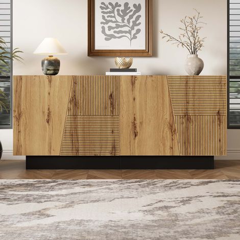 Sideboard 160 cm noir et bois, meuble de rangement moderne avec portes, étagère réglable, buffet design géométrique pour salon, salle à manger et entrée (1/5)